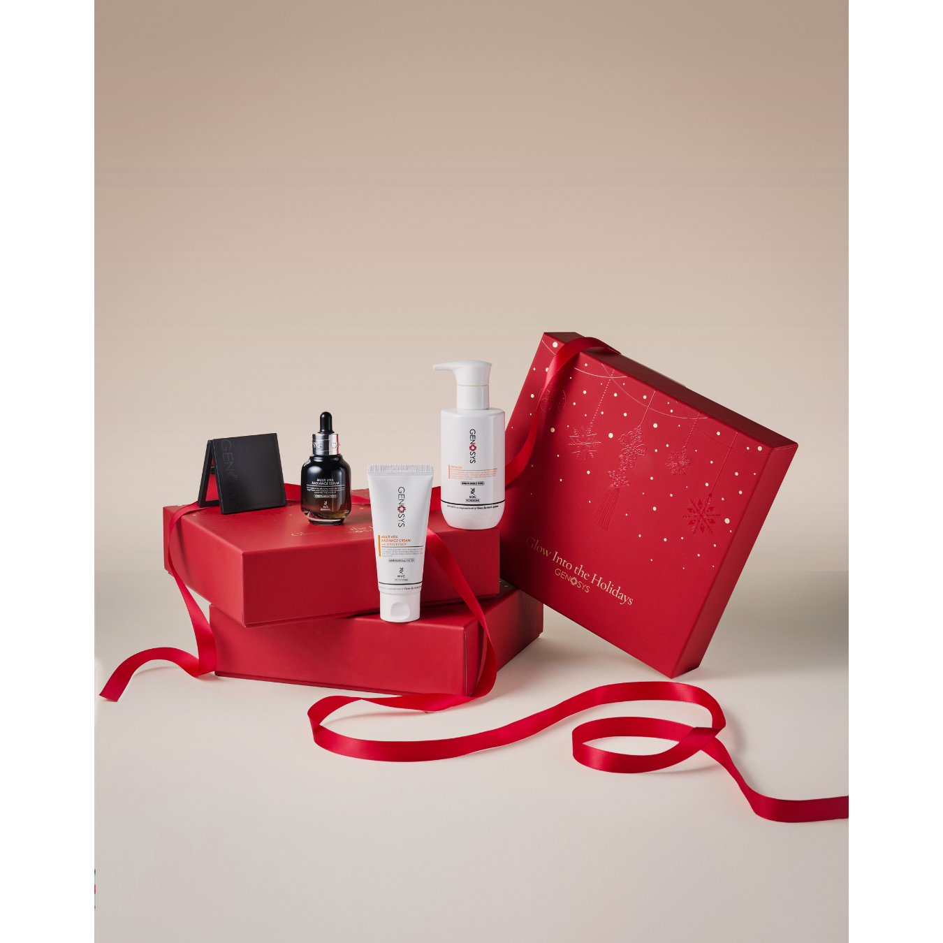 Red gift box with skincare products on a beige background